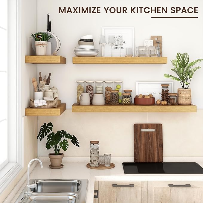 Floating Shelves for Wall, 24 Inch Wide x 12 Inch Deep Floating Shelves, Long Wood Floating Wall Shelf Shelves for Living Room Bathroom Bedroom Kitchen Home - (Oak, 24" W x 12" D x 2" H)