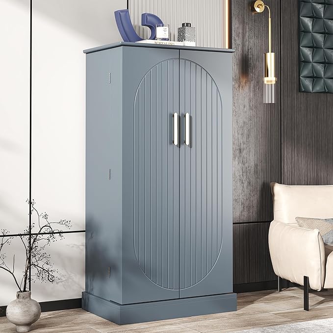 47" Tall Kitchen Pantry Cabinet, Grey Pantry Storage Cabinet with Adjustable Shelves, Barn Doors and Drawer Farmhouse Cupboard for Kitchen, Dining Room, Bathroom (16" D x 24" W x 47")
