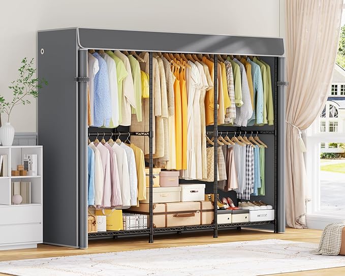 E14C Pro Heavy Duty Closet Organizer System,Freestanding Clothing Racks for Hanging Clothes,Adjustable Garment Rack 70.1"W × 16.6"D × 76.4"H Hold 960 lbs,Black Rack with Grey Dustproof Cover