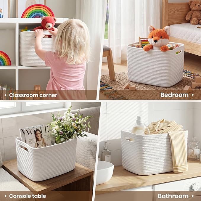 Storage Baskets for Organizing, 14 x 10 x 9” Closet Shelf Woven Baskets, Square Bins with Handles, Cotton Rope Basket for Toys, Clothes, Office, Room, White 1 Pack