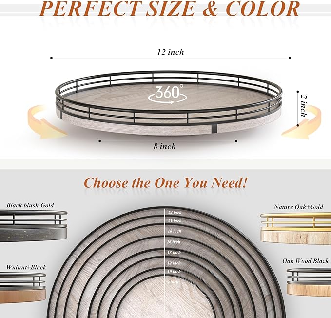 12" Farmhouse Lazy Susan for Kitchen & Coffee Table Decor โ Rustic Whitewashed Wood Tray with Black Metal Frame, Decorative Centerpiece for Dining Room, Ottoman, Living Room, Serving or Vanity Use