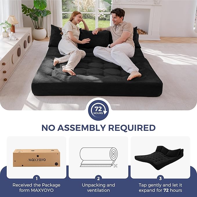 MAXYOYO Folding Sofa Couch, Convertible Floor Sleeper Couch with 3 Pillows, Tufted Floor Oversized Loveseat Couch Tufted Fold Out Chair Bed Comfy Sofa Lounge for Living Room Bedroom, Black