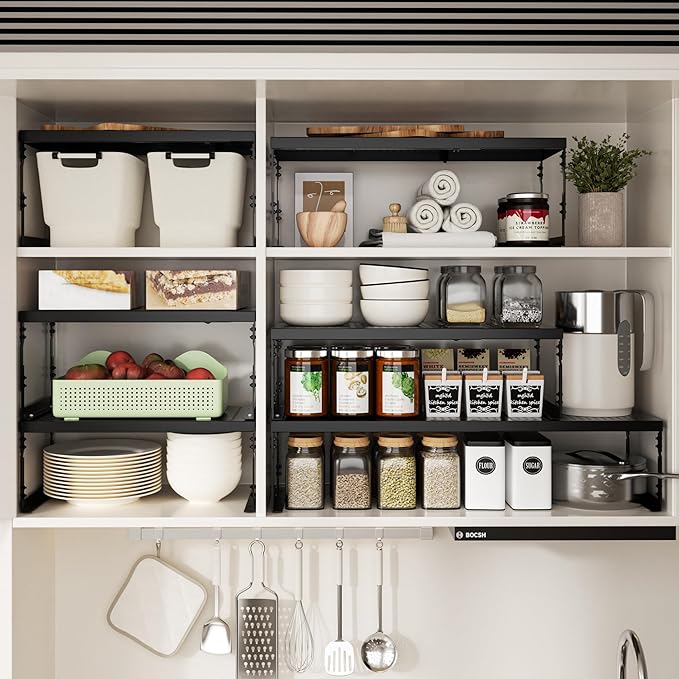 Adjustable Stackable Metal Storage Shelf Organizer - Expandable Wire Rack with Perforations for Kitchen, Pantry, Bathroom, Cabinet & Office-Compact, Durable & Sturdy (3PACKS/Medium/Black)
