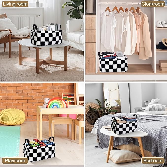 2 Pcs Black and White Checkered Storage Baskets 14x10 Inch Foldable Fabric Storage Bin with Handle Decorative Closet Bins Organizer for Home Office Laundry Countertop Tabletop Car