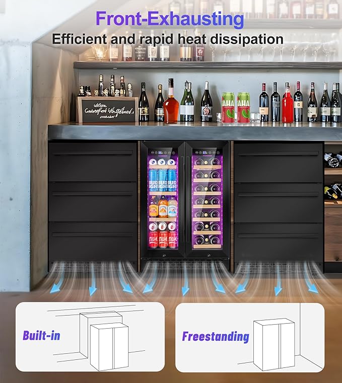 24 Inch Wine and Beverage Refrigerator,90 Can & 21 Bottle Dual Zone Wine Fridge Cooler, Built-In or Under Counter Fridge with 3 LED, Fast Cooling & Low Noise for Home/Kitchen