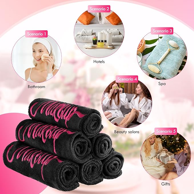 96 Pack Makeup Remover Cloths, 13 x 13 Inch Makeup Towels Bulk Soft Microfiber Face Towels Reusable Makeup Washcloths with Makeup Embroidery for Women Skin (Black)