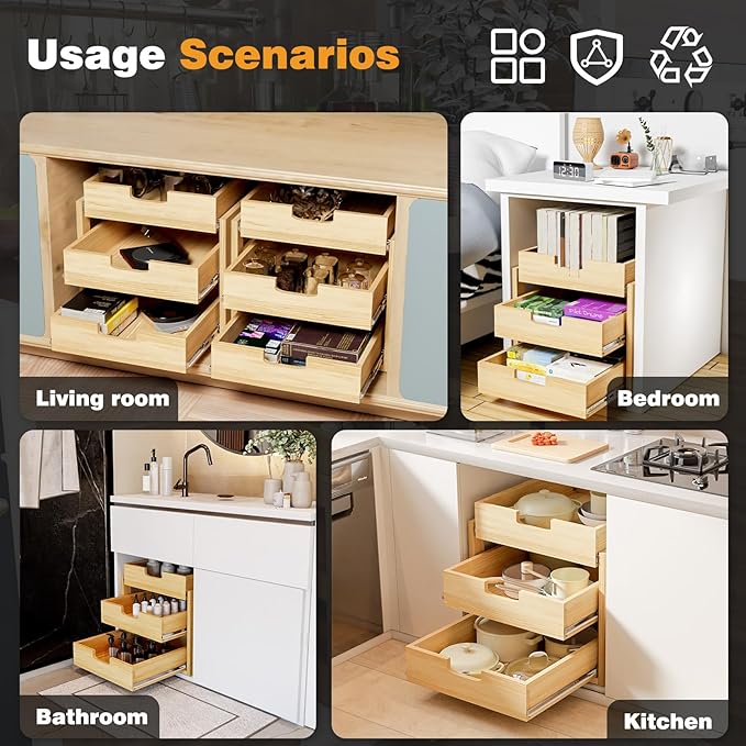 Pull Out Cabinet Organizer, 17''W×21''D Sliding Drawers for Cabinets, 3 Tier Soft Close Slide Out Wooden Pull out Drawers, Base Cabinet Organization for Kitchen, Pantry, Bathroom