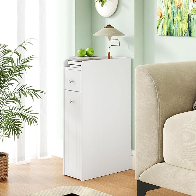 Giantex Slim Bathroom Storage Cabinet, Space-saving Toilet Side Cabinet with Slide-out Drawers on 3 Wheels, Freestanding Narrow Toilet Paper Holder for Living Room, Laundry Room, Compact Space (White)