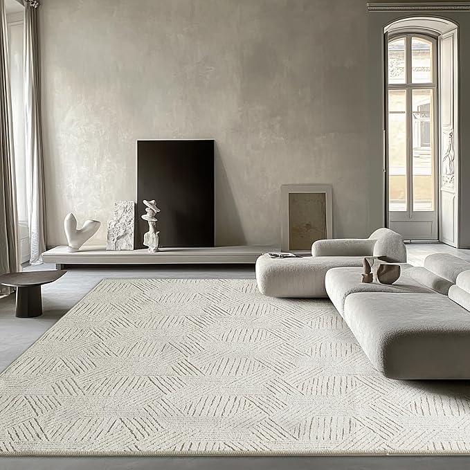NICETOWN Cream Area Rug 5x7 for Living Room- Non slip Thin Jacquard Brown Machine Washable Rug Geometric Modern for Bedroom Large Entryway Rug with Rubberback Throw Carpet for Bedroom, white and Brown