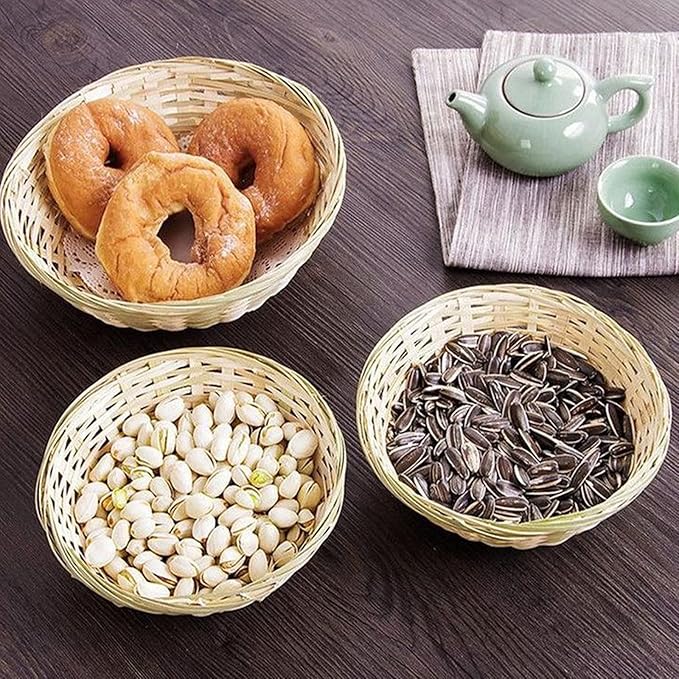 4 Pcs 9 Inches Small Round Basket Storage Organizers Bamboo Handmade Basket for Kitchen Organization Stackable Storage
