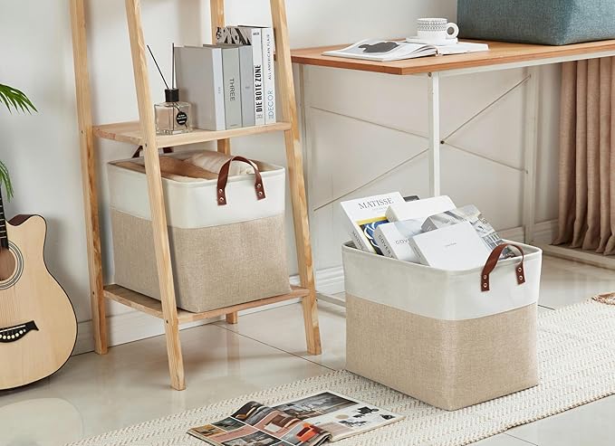 DECOMOMO Extra Large Storage Baskets, Fabric Storage Bins with Handles for Organizing Shelves, Toys, Nursery, Laundry (Beige & White, 3pcs)