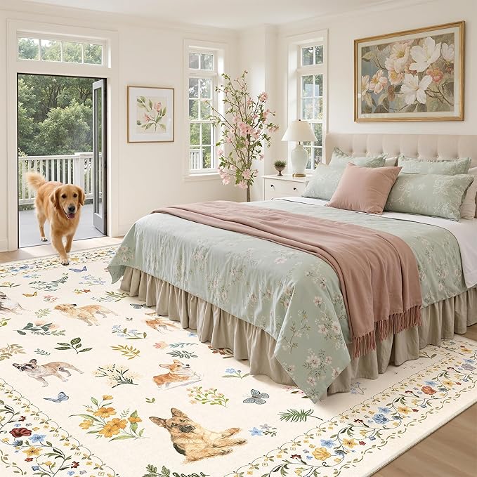 Dog 9x12 Area Rugs for Living Room, Machine Washable Animal Floral Vintage Rug Non-Slip Low Pile Soft Throw Large Rugs for Bedroom Dining Room Kitchen Nursery Playroom (9 x 12,Beige)