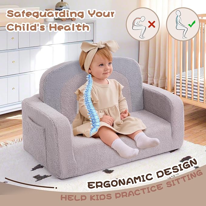 Extra Wide Kids Couch, 2-in-1 Soft Toddler Couch with Blanket, Comfy Toddler Chair, Convertible Sofa with Cute Rainbow Design, Grey