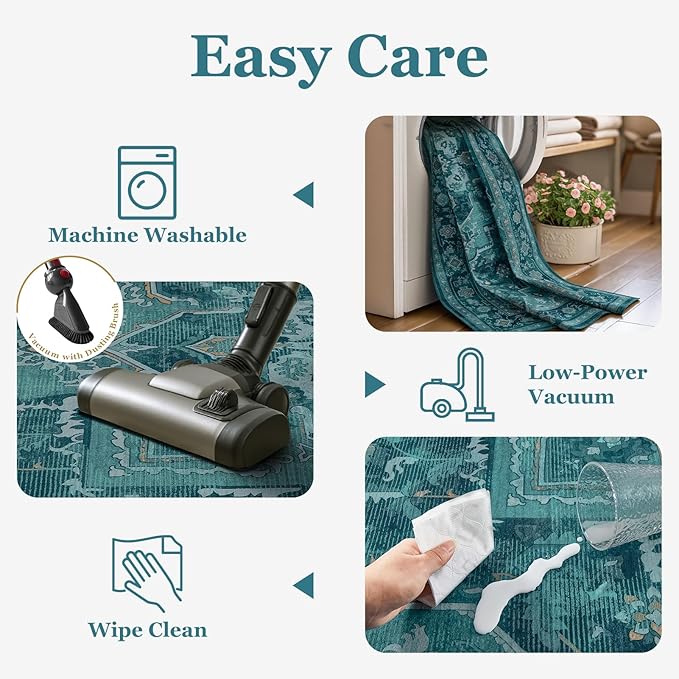 Teal 2x6 Runners for Kichen Floor Washable Non Skid, Boho Hallway Runner Rug for Entryway Front Door Foyer Mudroom, Vintage Medallion Carpet Runners 6ft for Bedroom Bathroom Laundry Room