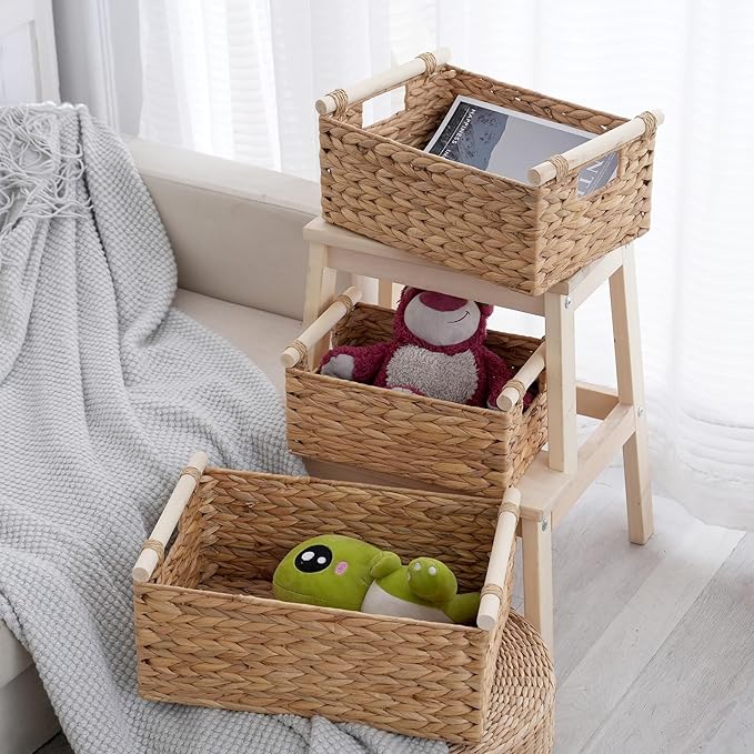 3-Pack Woven Storage Baskets Set, Small Medium Large Wicker Baskets for Shelves Organization, Rectangular Natural Weave Baskets for Kitchen, Bathroom, Living Room Decor, Home Storage Solutions
