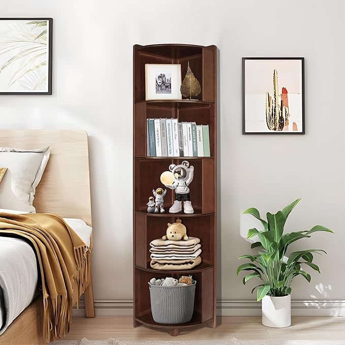 DOUSY-5 Tier Bamboo Corner Shelf, Mid Century Modern Corner Bookshelf, 69" Tall Stylish Bookcase Display Rack Plant Stand for Living Room, Bedroom, Home Office, Kitchen, Walnut