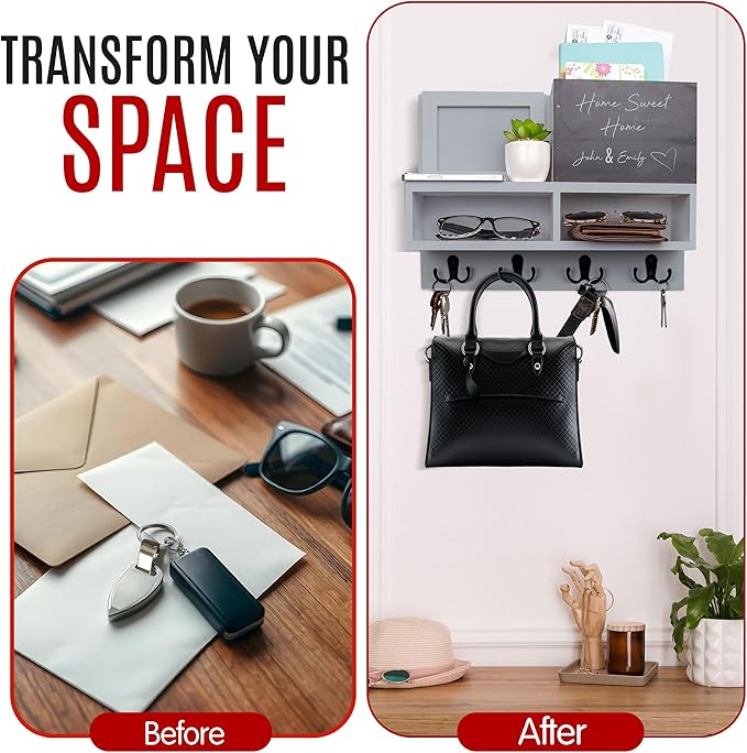 Spacelog Key and Mail Holder for Wall with Chalkboard – Magnetic Picture Frame Key Holder Wall Mount, Grey, Dual Storage & Cupboards