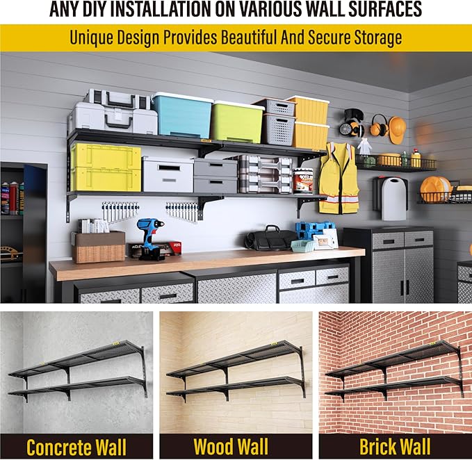 2-Pack 2 Tier 1.3x4ft Garage Shelving Wall Mounted, 520lbs Load Capacity,15.6x48inch per Shelf Height Cassette Adjustable Floating Shelves, Black