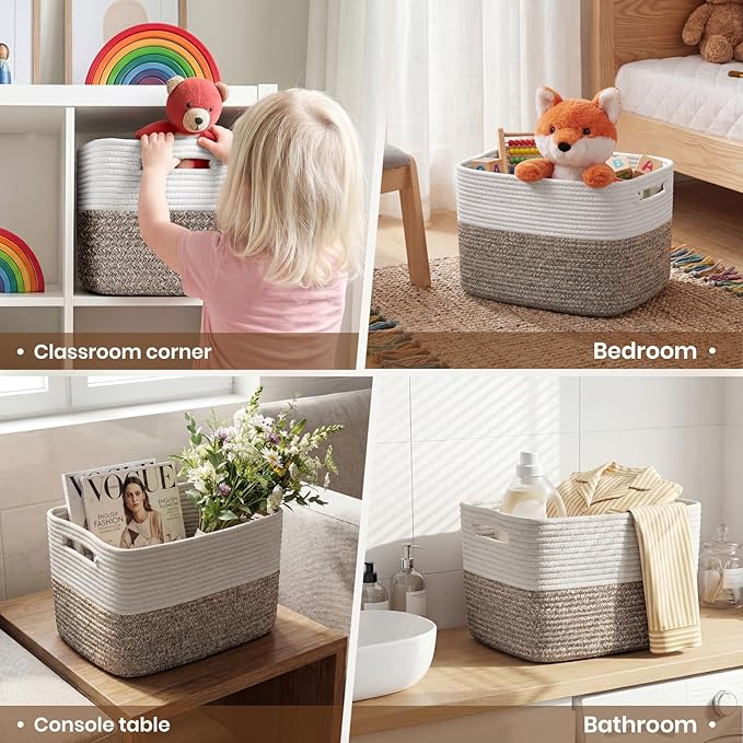 Storage Baskets for Organizing, 14 x 10 x 9” Closet Shelf Woven Baskets, Square Bins with Handles, Cotton Rope Basket for Toys, Clothes, Office, Room, White+Dark brown 3 Pack