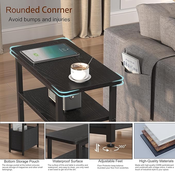 Narrow Side Table Set of 2, Skinny End Tables with Fabric Basket, Small Side Tables for Small Space,2-Tier Open Shelves with Basket, Slim Nightstands Set 2 for Bedroom,Livinroom,Office, Black