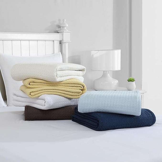 Beatrice Home Fashions Grand Hotel Lightweight All-Natural 100% Cotton Waffle Weave Blanket, Full/Queen, Navy
