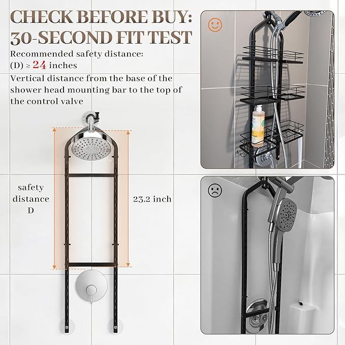 Aluminum Alloy Hanging Shower Caddy for Handheld Shower Heads, 4-Tier Adjustable Shower Rack, Rustproof Hose Hanging Shower Organizer with 2 S-Hooks, Matte Black