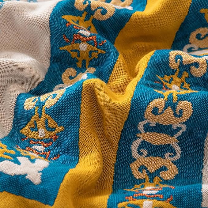 SANACYNA Boho Muslin Throw Blanket 100% Cotton 6-Layer Gauze Geometric Bed Blanket Lightweight Soft and Breathable Blanket for Sofa Bed Coverlet Both Sides (Boho Squared Flower, 80 x 90 in)