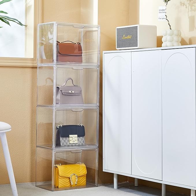 Clear Storage Bins with Lids, 2 Pack Acrylic Display Case with Magnetic Door for Cosmetic Collectibles Large Figures Models, Stackable Acrylic Storage Box for Home Office Living Room Dorm