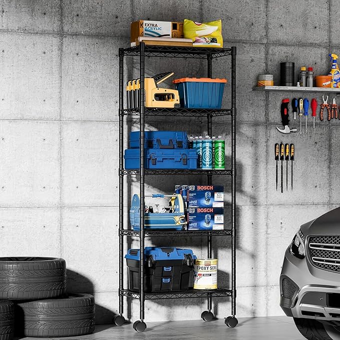 DUMOS 2 Pack 3Tier 4Tier 5 Tier Metal Shelving, Heavy Duty Shelves Wire Shelving Unit with Removable Wheel Casters, Shelves Organizer for Bathroom Garage Living Room Kitchen Pantry Laundry