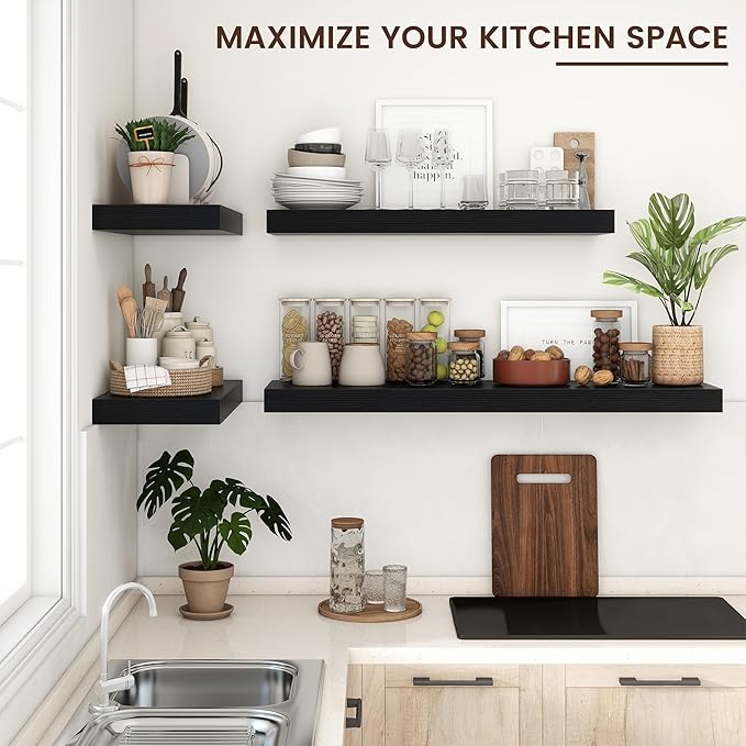 Floating Shelves for Wall, 24 Inch Wide x 12 Inch Deep Floating Shelves, Long Wood Floating Wall Shelf Shelves for Living Room Bathroom Bedroom Kitchen Home - (Black, 24" W x 12" D x 2" H)