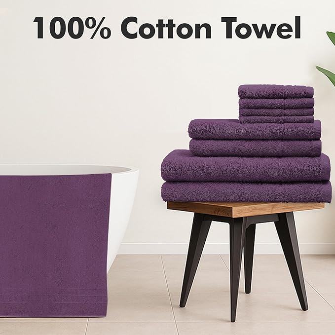 Bath Towels Set of 8 – 100% Cotton (Dark Purple) Bathroom Towel Set Bale Includes 2 Bath, 2 Hand, 4 Face Towels – Soft, Absorbent & Quick Dry Towel for Bathroom, Spa, Kitchen, Hotel Use
