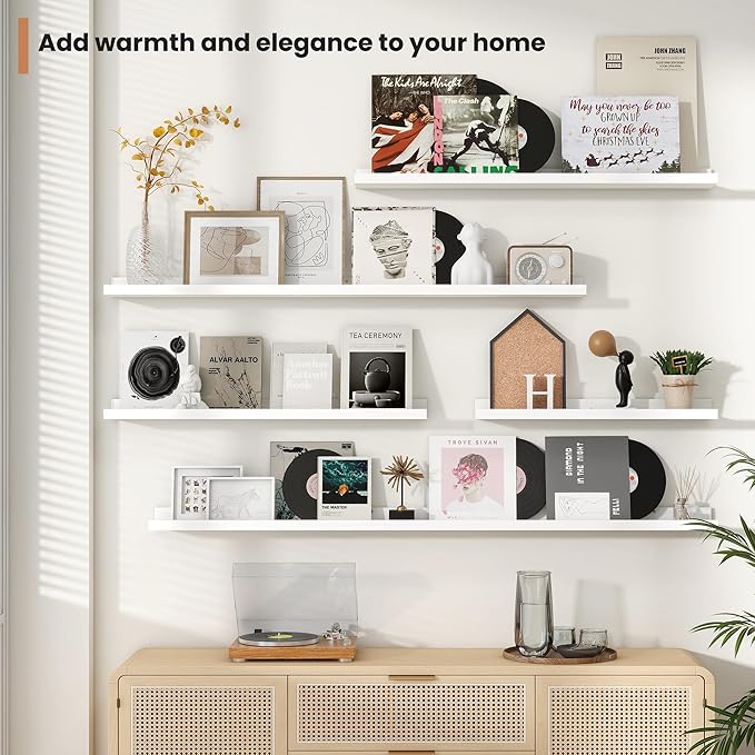 Fun Memories Picture Ledge Shelves Set of 4, 24 Inch Rustic Wall Mounted Floating Shelves with Lip for Home Storage and Décor in Bathroom, Kitchen, Nursery, Bedroom, Living Room, White