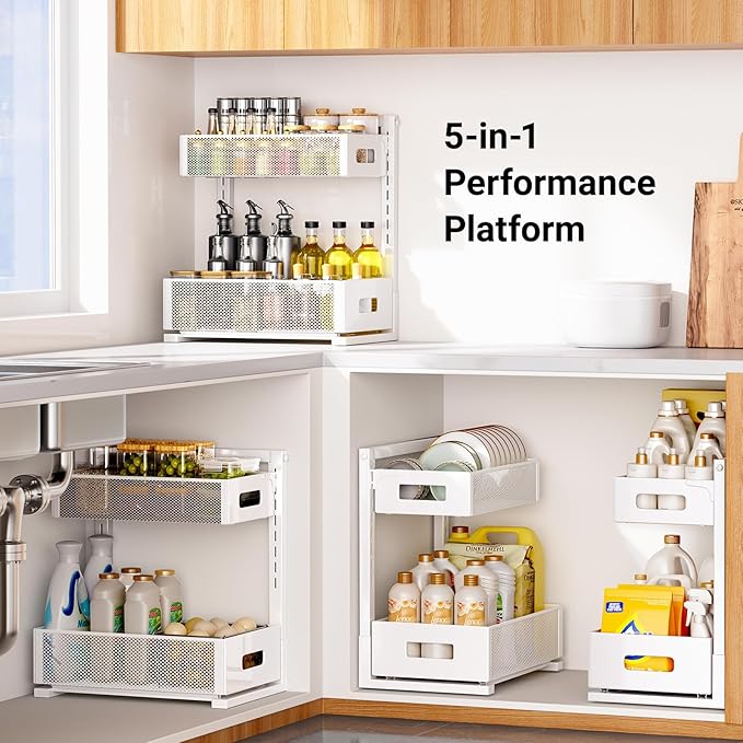 Pull-out Under Sink Organizer – Height Adjustable Metal Storage for Kitchen & Bathroom (White)