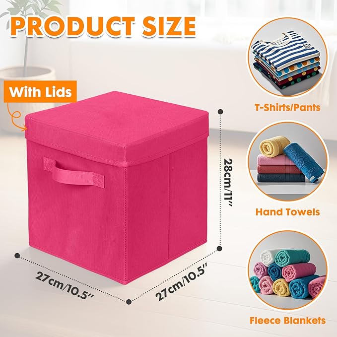 ShellKingdom Storage Bins, Foldable Fabric Storage Cubes with Lid, Clothes Storage Organizer Drawer For Closet Toys Storage, 10.5 X 10.5 X 11 INCH, 2 Pack (Fuchsia)