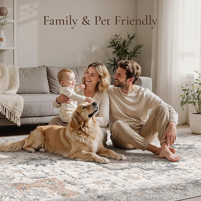 GENIMO 5x5 Area Rugs for Living Room, Machine Washable Rug, Non Slip Indoor Vintage Rug, Low Pile Lightweight Chenille Print Carpet for Bedroom Dining Room Home Office, Light Taupe Brown