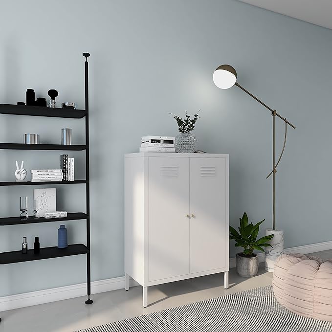 White Metal Locker Storage Accent Cabinets with 2 Adjustable Shelves, 3 Tier Metal Storage Cabinet with Legs, Steel Cupboard Lockers for Kids Bedroom, Home, Office, Entryway, Kitchen