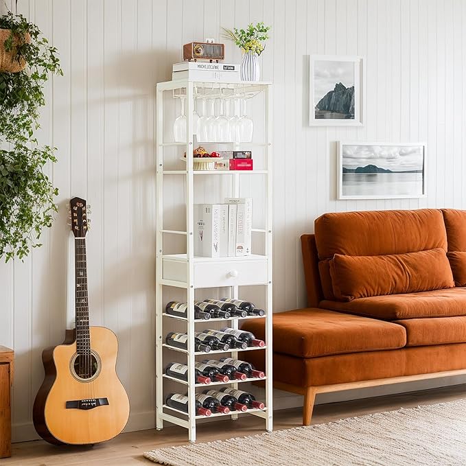 IBUYKE Wine Rack Freestanding Floor, Bar Cabinet for Liquor and Glasses,Coffee Bar Cabinet 4-Tier Wood bar Cabinet,Glass Holder and Storage Drawer for Home Bar Kitchen Living Room,White UTMJ905W