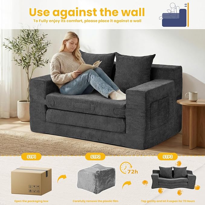 Boneless Loveseat Sleeper Sofa Bed: 3-in-1 Convertible Sofa Bed with Side Pockets & Handle,Pull Out Couch with 2 Pillows,Folding Futon for Small Space,Living Room & Bedroom,Chenille Fabric,No Assembly