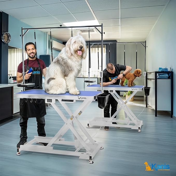 KANIS Professional Electric Dog Grooming Table - Heavy Duty, Height Adjustable Pet Grooming Table w/Leveling Wheels, Grooming Arm, Anti Slip Tabletop & Tool Organizer/Dog Grooming Station (49", WHITE)