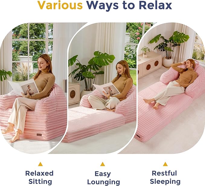 MAXYOYO Folding Sofa Bed, 2 in 1 Convertible Sofa to Lounger Comfy Faux Fur Bean Bag Chair for Adults, Floor Single Sleeper Couch Chair with Handle, Couch Bed for Living Room Bedroom, Pink