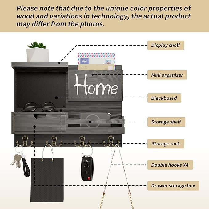 Farmhouse Key Holder for Wall with Mail Organizer - Easy Installation Wall Mount Organizer, Includes Chalkboard, Drawer, Wallet Holder & 4 Double Hooks, Ideal for Entryway, Quick Access - Black