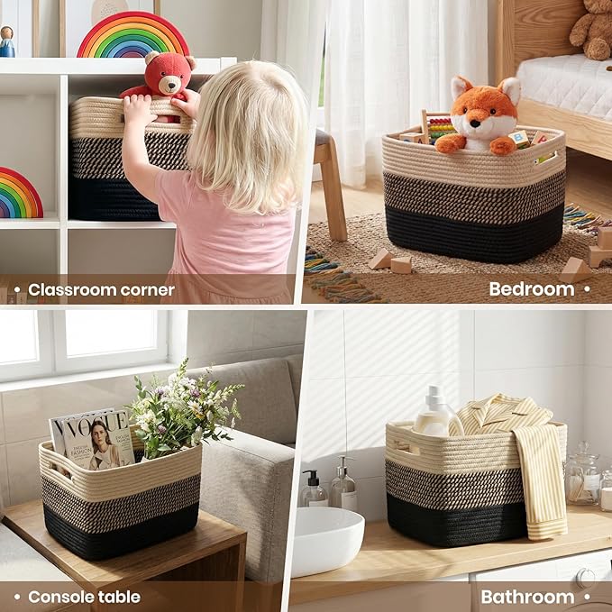 Storage Baskets for Organizing, 14 x 10 x 9” Closet Shelf Woven Baskets, Square Bins with Handles, Cotton Rope Basket for Toys, Clothes, Office, Room, Black+Brown 3 Pack