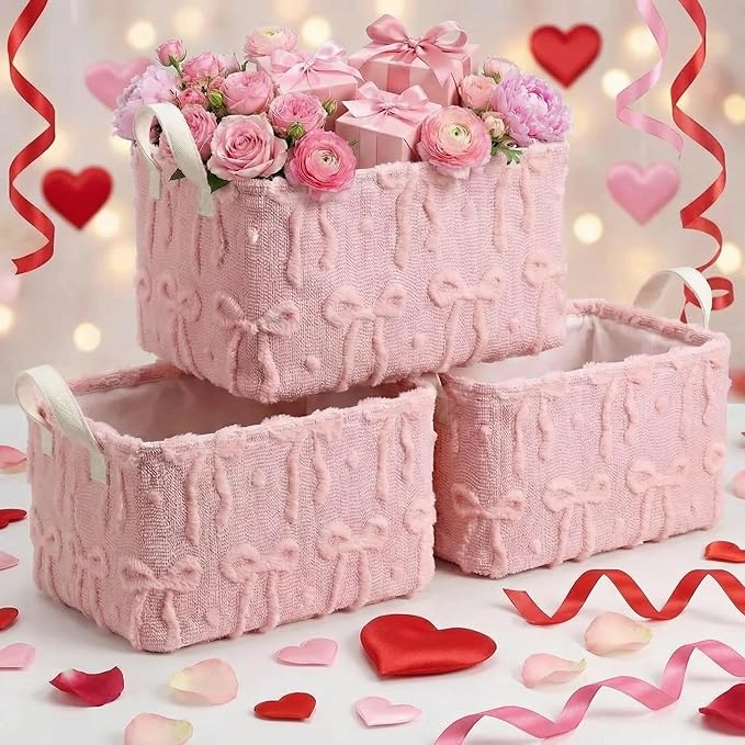 Kathfly 3 Pcs Bow Foldable Storage Baskets Plush Faux Fur Jacquard Design Laundry Basket with Handles Waterproof Storage Bins Fabric Shelf Baskets for Organizing Closet Clothes