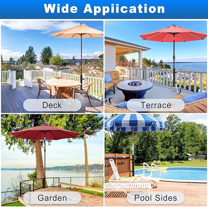 BeneLabel Patio Umbrella Holder for Deck Railing No Drill Deck Umbrella Clamp Mount Fits 1"-2" Umbrella Poles Space Saving Design Umbrella Holder for Deck Balcony Garden Poolside Railing