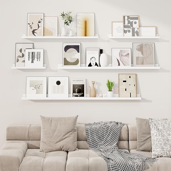 RICHFOCUS Picture Ledge Shelf, 36 inch Floating Shelves Set of 2, Wood Wall Shelves with Lip, Wall Decor Storage for Bedroom Living Room Bathroom Kitchen Nursery Photo Picture, White
