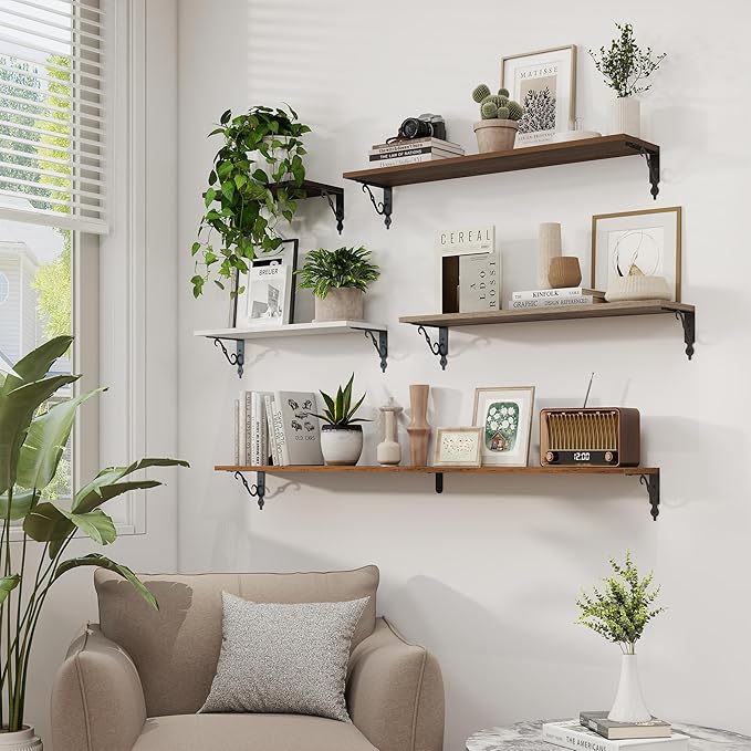 RICHFOCUS Floating Shelves for Wall Decor, 31.5W x 8D Shelves Set of 2, 8" Deep Rustic Wood Floating Shelves Wall Mounted with Metal Brackets, Shelves for Living Room Bedroom Kitchen, Black