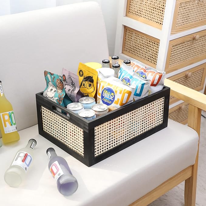 Black Wooden Basket, Rattan Storage Basket for Organizing, 14.96"x11.02"x6.30"