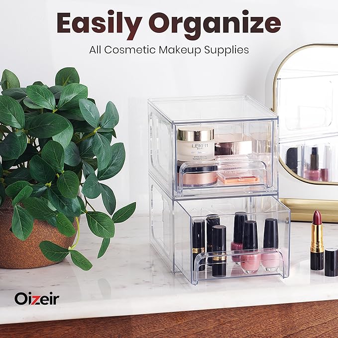 Oizeir Clear Stackable Storage Drawers - 2-Pack Acrylic Makeup Organizer Bins for Vanity, Bathroom, Countertop, Cabinet, or Kitchen - Perfect for Cosmetics, Office, and Small Item Organization