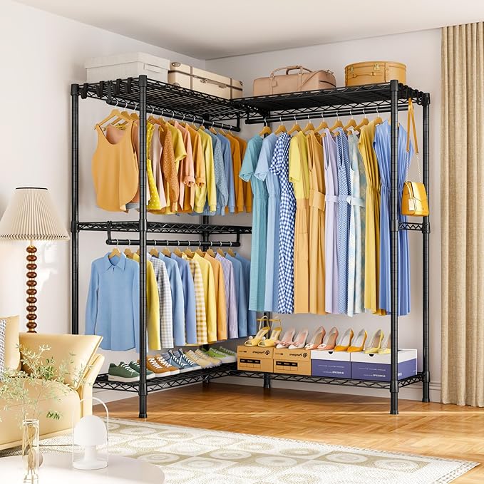 E15 Plus Garment Rack L Shaped Clothes Rack for Corner,Freestanding Clothing Racks for Hanging Clothes,Heavy Duty Closet System with 4 Hanging Rods & 8 S Hooks,48.5" W x 35" D x 78.4" H,Black