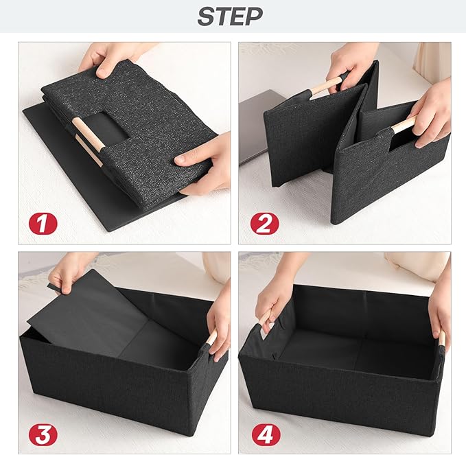 ANMINY 4PCS Storage Baskets for Organizing Collapsible Fabric Storage Bins Boxes with Wood Handles Closet Shelves Cube Organizer Bins Clothes Laundry Storage Container - Large, Black